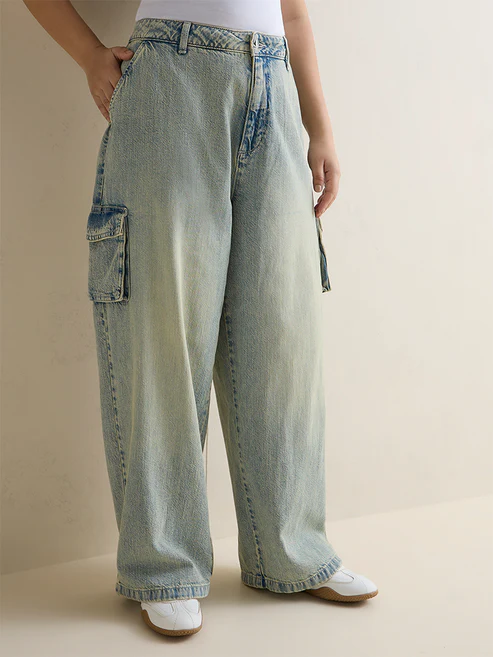 Gia Blue Washed Cargo-Style High-Rise Jeans